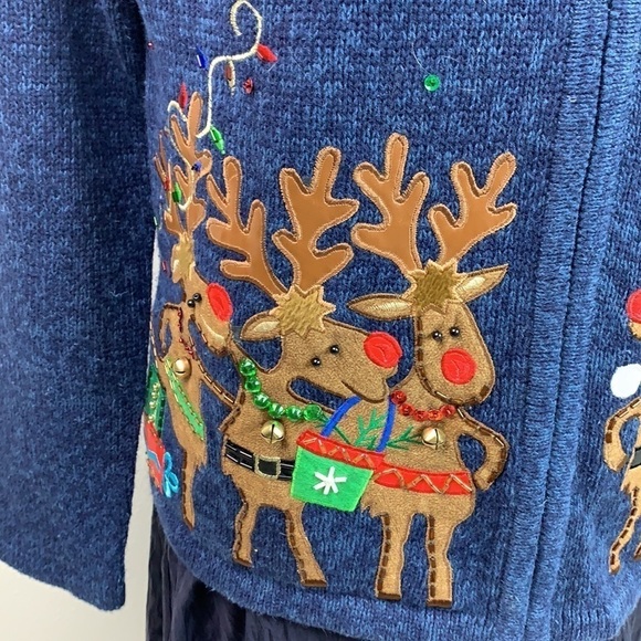 Singing reindeers cotton zip up vintage Tiara International Christmas sweater - Picture 4 of 11